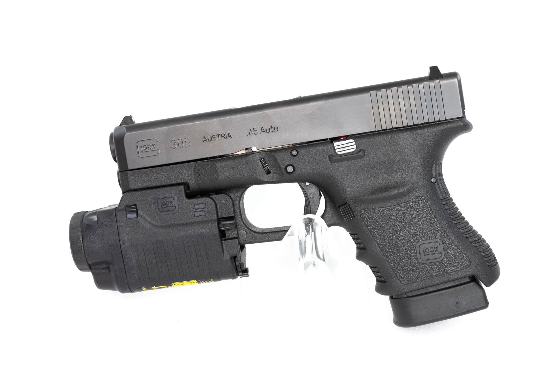 gebr. GLOCK 30S mit GLOCK GTL21 Laser-Lichtmodul mit 3 Reservemagazinen und Holster in Originalbox Zustand: Sehr gut - NPR: € 1.278,80