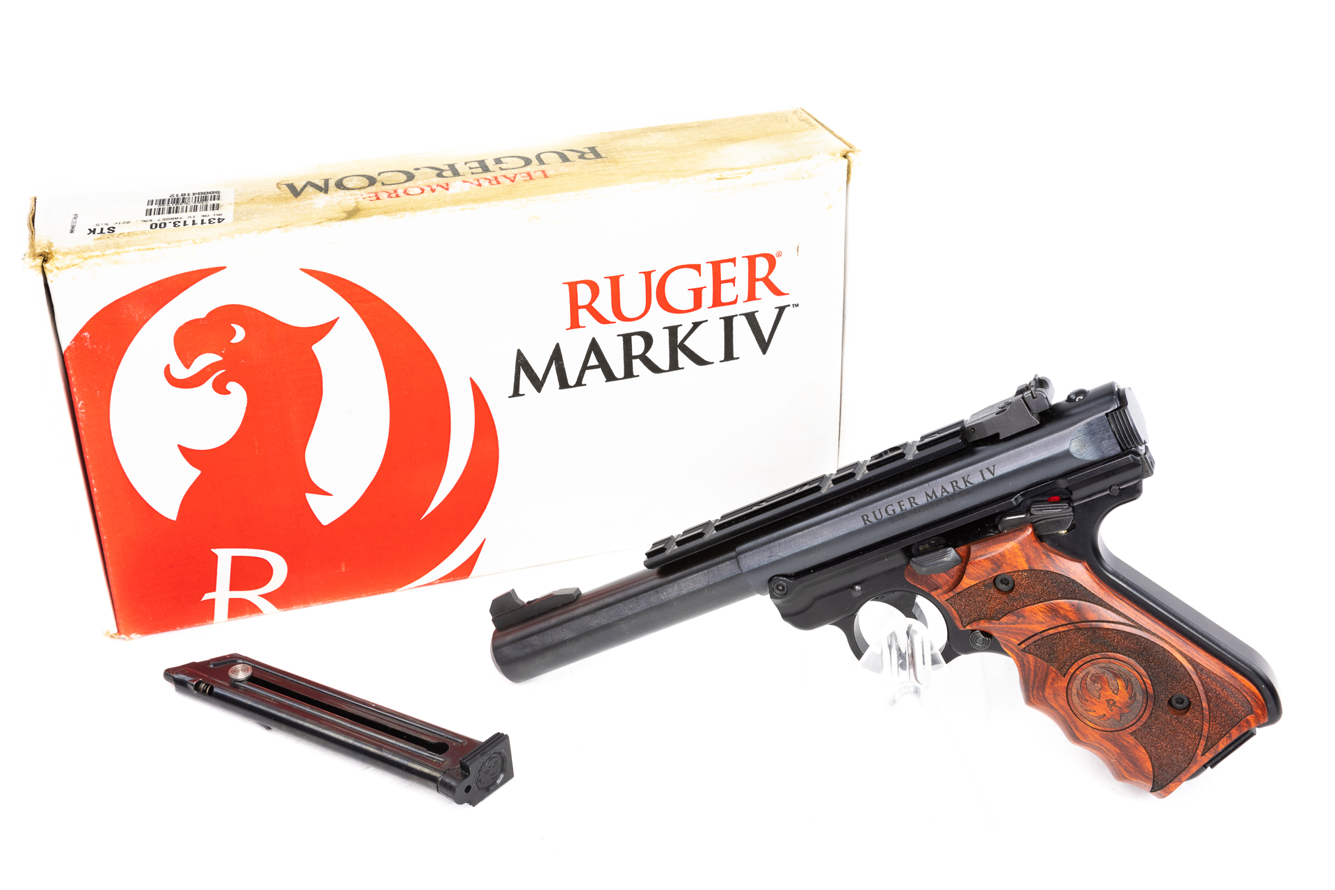gebr. RUGER Mark IV Targe mit Holzgriffschalen mit Reservemagazin im Originalkarton, Zustand: Neuwertig, NPR: € 1.129,00