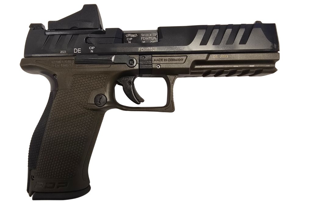gebr. WALTHER Mod. PDP Full Size Olive mit montiertem GPO Pistol Dot im Originalkoffer mit Reservemagazin und Zubehör, Zustand: Neuwertig - NPR: € 1.265,00