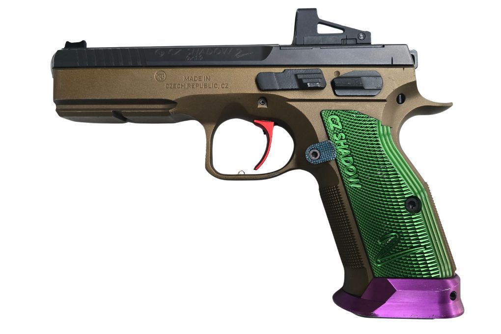 gebr. BRÜNNER CZ 75 Shadow 2 Bushing Burned Bronze Green Grips mit Montiertem Shield RMS Glass 4 MOA, Zustand: Sehr gut, NPR: € 2500