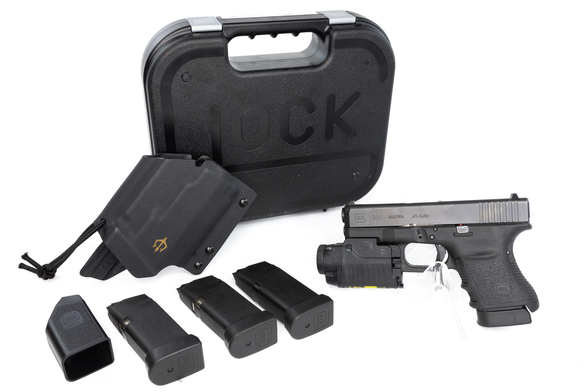 gebr. GLOCK 30S mit GLOCK GTL21 Laser-Lichtmodul mit 3 Reservemagazinen und Holster in Originalbox Zustand: Sehr gut - NPR: € 1.278,80