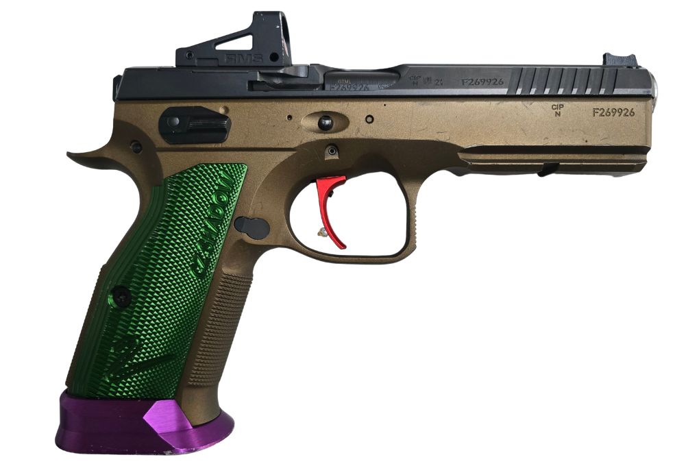gebr. BRÜNNER CZ 75 Shadow 2 Bushing Burned Bronze Green Grips mit Montiertem Shield RMS Glass 4 MOA, Zustand: Sehr gut, NPR: € 2500