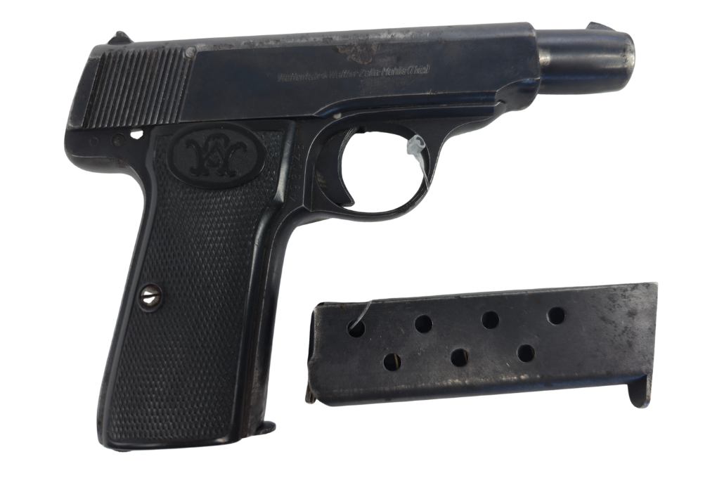 gebr. Walther Pistole Zella Mehlis, Mod. 4 mit Reservemagazin, Zustand. Stark gebraucht